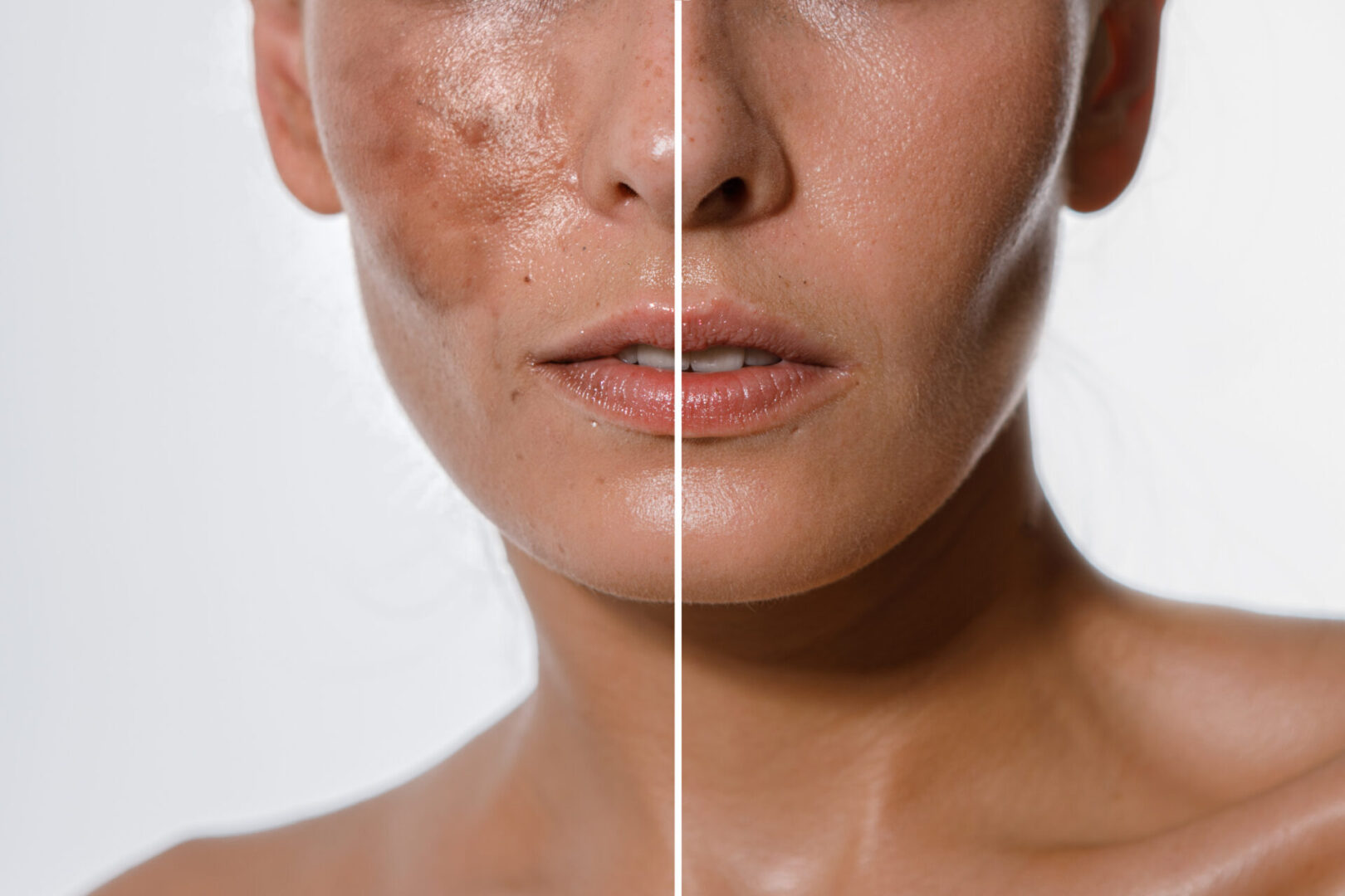 Hyperpigmentation of female skin, close-up of a part of the face on a white background, before and after acid peeling and cosmetic therapy, dermatology, skin care