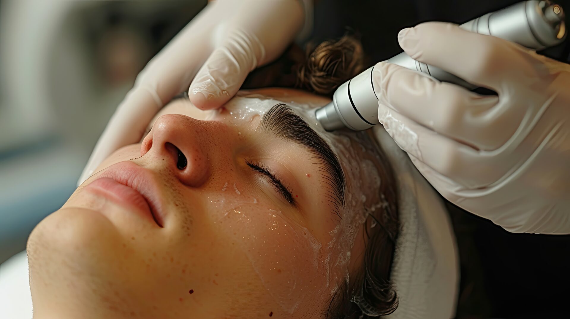 Closeup shot of young man receiving microdermabrasion therapy on forehead at beauty spa --ar 16:9 --stylize 250 --v 6 Job ID: 8235eb18-cb6c-4c57-ac6d-1af54b22bc77