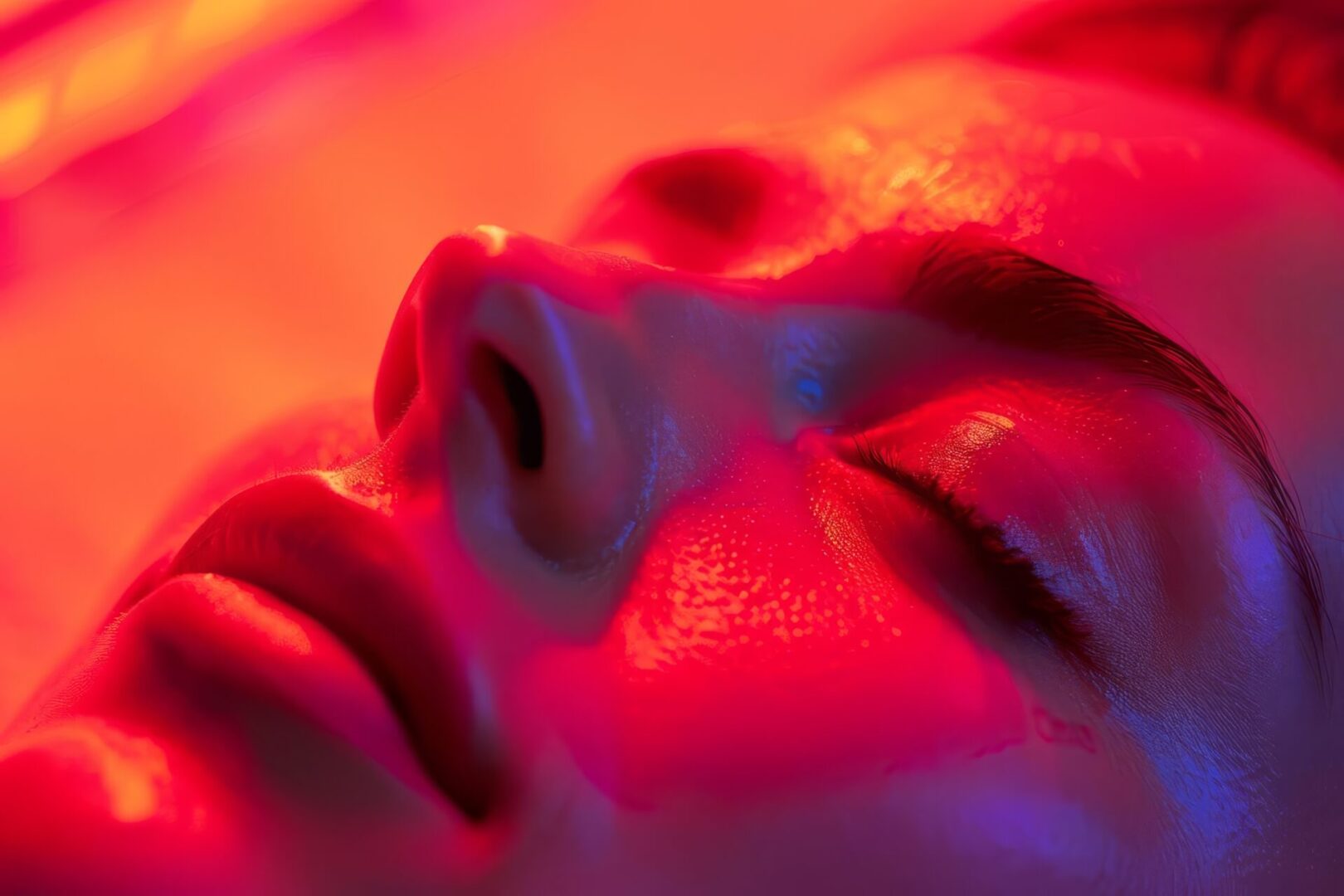 womans face illuminated by red light therapy glowing skin relaxation beauty treatment closeup photography