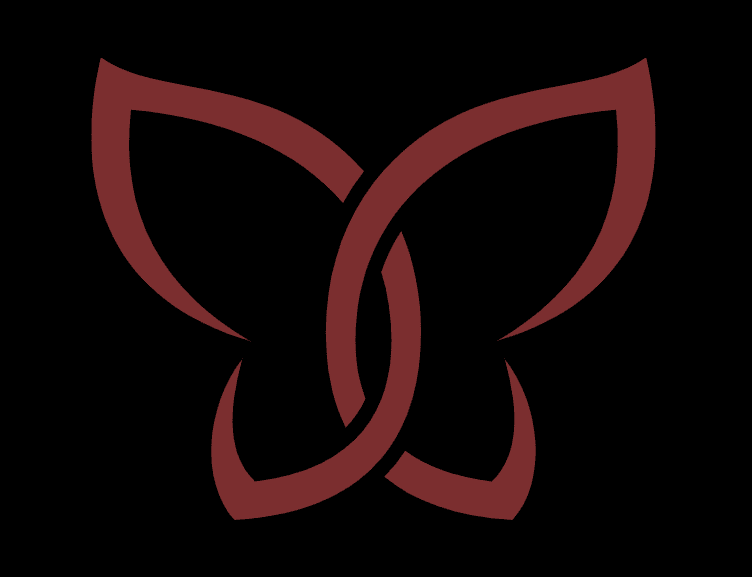 A red butterfly logo on a black background