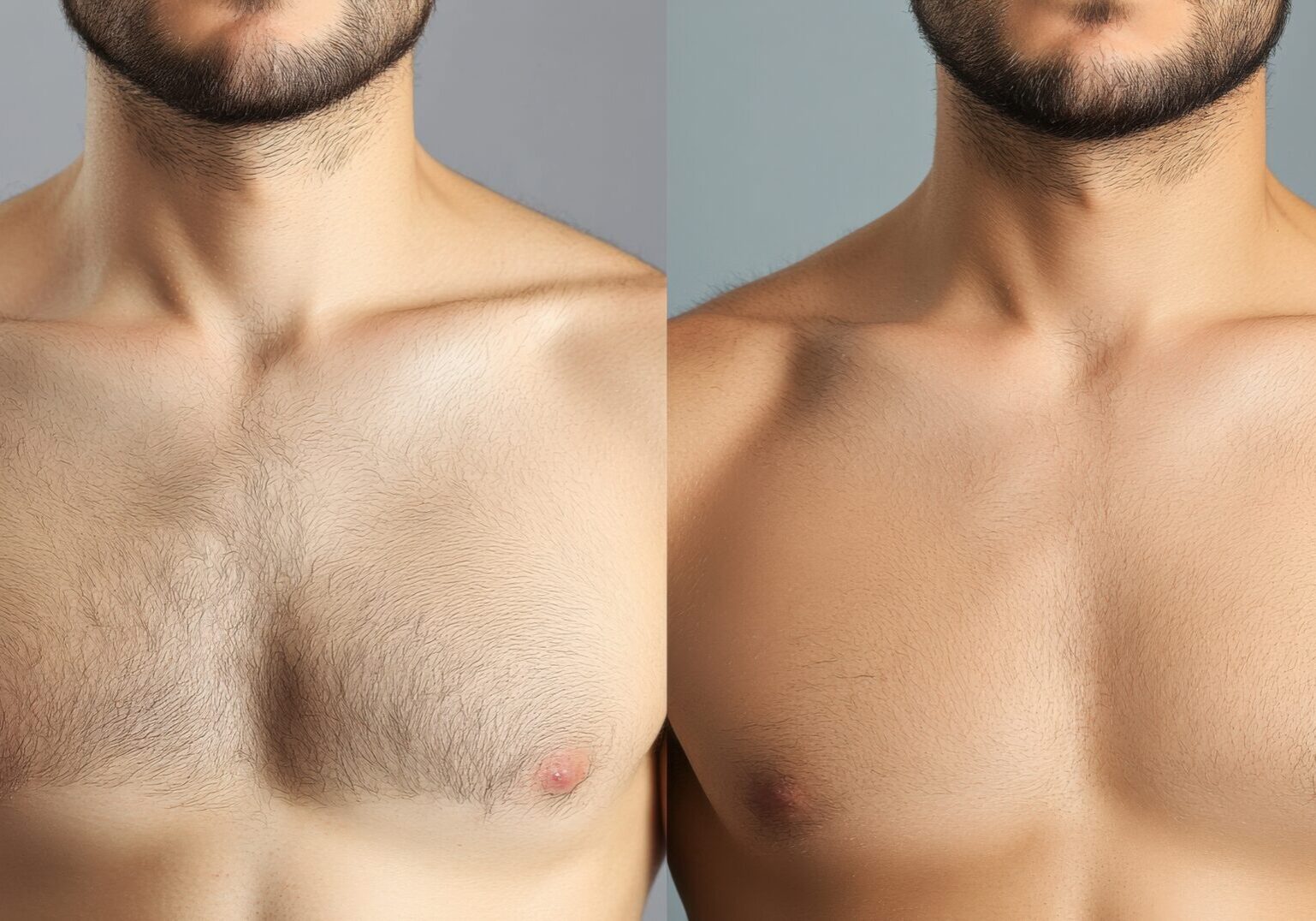 A man's chest is displayed before and after hair grooming, highlighting the noticeable difference in hair density and overall appearance with clear results