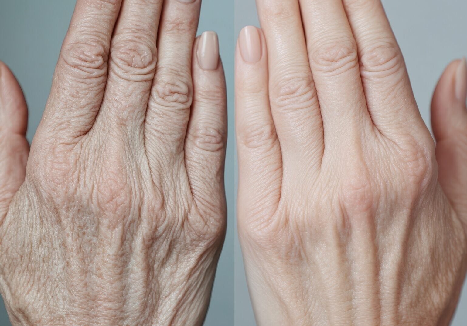 A split-screen image showing a dramatic transformation of hands before and after skincare treatment. emphasizing the effects of anti-aging products, the left side displays aged skin, while the right reveals smoother, youthful hands.